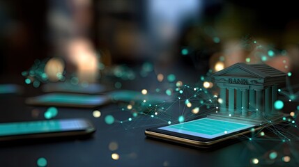 Digital Banking Concept with Smartphones and 3D Bank Structure Representing Financial Transactions and Technology Integration