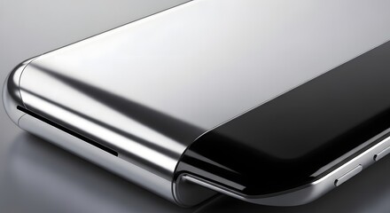 Close up of a modern smartphone edge featuring a sleek polished chrome metallic casing and glossy black screen surface