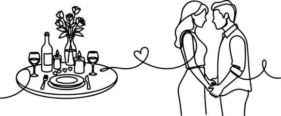 Continuous Line Art Romantic Dinner Couple Love Illustration