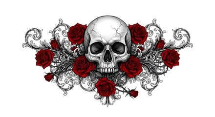Striking gothic illustration featuring a cracked white human skull surrounded by deep red roses and ornate baroque scrollwork design elements
