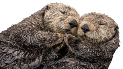 closeup portrait of two sea otters sleeping and holding paws isolated on a transparent background