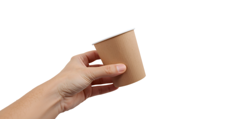 Isolated blank paper cup mockup in hand on transparent background