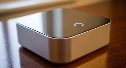 Minimalist square technology device featuring a subtle glowing blue power ring indicator light on a reflective surface.