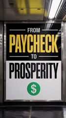 Subway poster advertisement displaying "FROM PAYCHECK TO PROSPERITY" text with dollar icon