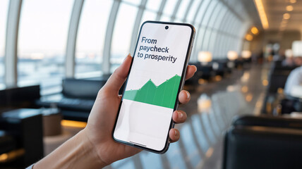 Hand holding mobile phone showing "From paycheck to prosperity" text and growth chart