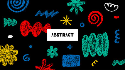 Modern funky crayon hand drawn doodle shapes banner. Grunge colorful pencil scribbles for collages design. Vector illustration. Geometric pattern background