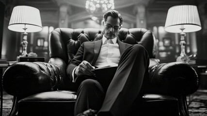 Distinguished gentleman in suit engrossed in document while relaxing in luxurious leather armchair, illuminated by elegant lamps in grand interior.