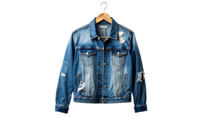 A distressed blue denim jacket with rips and tears hangs on a wooden hanger against black