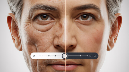 Unveiling Time's Passage: A captivating portrait of human aging, revealing the contrasting effects of time on the face and a sliding scale illustrating the changes. 
