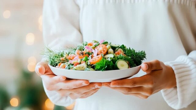 Fresh, healthy, and vibrant salad presented in white bowl held by soft hands, symbolizing nourishing food and mindful eating with gentle light glow.