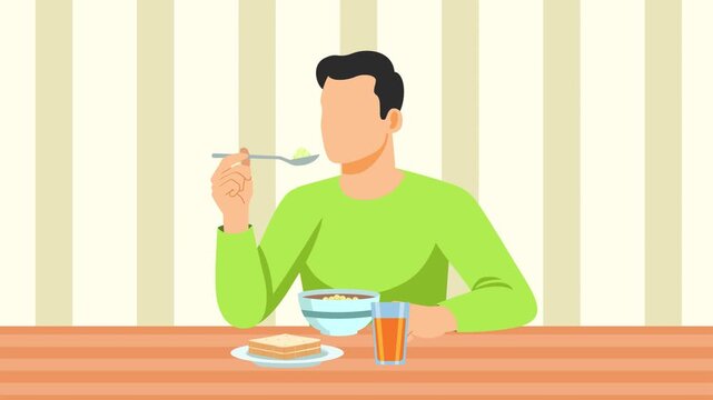 Man Having a Morning Breakfast at Home. Breakfast time concept. Full length animation illustration. High quality&nbsp;4k&nbsp;footage