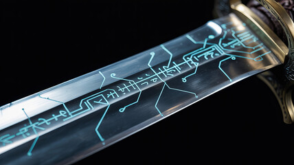 Cybernetic Edge: A close-up showcases a technologically enhanced sword, where traditional craftsmanship merges seamlessly with digital innovation.