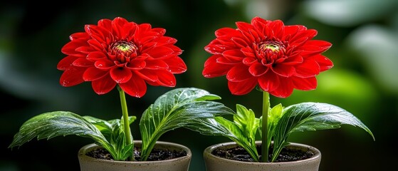 Vibrant Red Dahlia Potted Plants with Lush Green Leaves