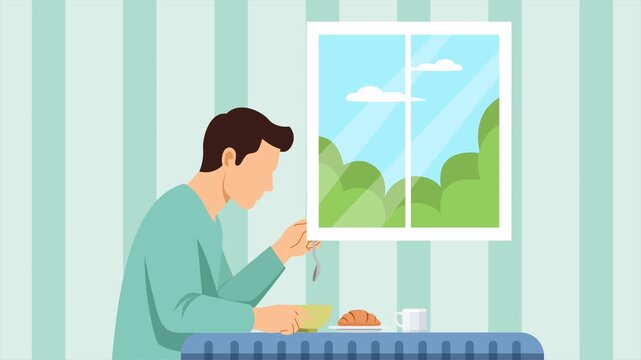 Man Having Breakfast Near the Window. Breakfast time concept. Full length animation illustration. High quality&nbsp;4k&nbsp;footage