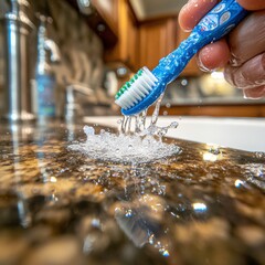Dynamic Close-Up: Hand Rinsing Toothbrush with Splashing Water in Bathroom