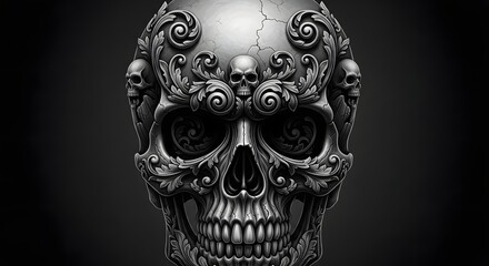 Intricately detailed baroque silver skull ornament featuring smaller skulls and elaborate engraved floral acanthus scrollwork design