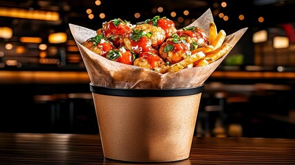 Crispy Fried Chicken Bites and French Fries with Tangy Sauce in Paper Bucket, Restaurant Bar Background