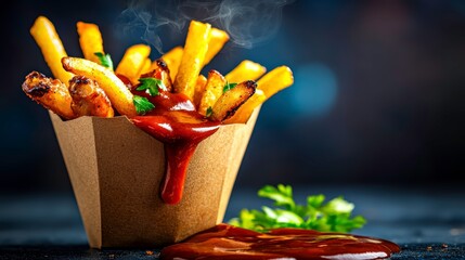 Hot Crispy French Fries with Ketchup and Steam on Dark Background