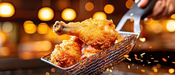 Crispy Golden Fried Chicken Drumstick Freshly Cooked in Deep Fryer Basket