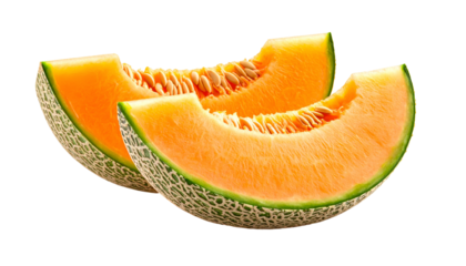 Two fresh, ripe cantaloupe slices, showing the juicy flesh and seeds against black