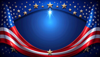 Patriotic American Flag Ribbon Design With Blue Gradient, Golden Stars, and Festive Wave.