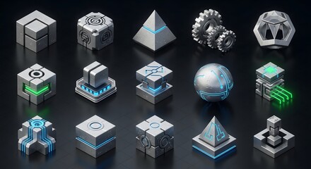 Collection of futuristic metallic science fiction icons featuring glowing blue and green digital circuit elements on a dark surface