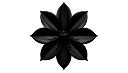 A stark, minimalist rendering of a stylized black flower with eight petals, set against black
