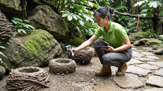 Woman in green shirt uses thermometer on mud nest structures outdoors