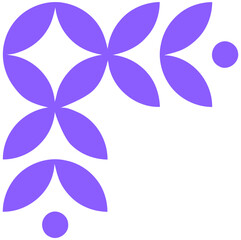 A graphic illustration depicts purple floral shapes and dots on a white background.