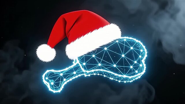 A digitally animated chicken leg wearing a festive hat with glowing blue highlights against a dark smoky background, evoking a celebratory spirit