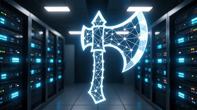 Futuristic digital representation of an axe with glowing particles in a server environment