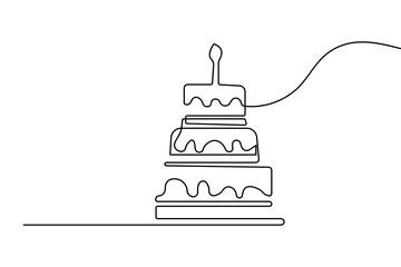 One line drawing of a birthday cake with candles in minimalist style isolated on white background