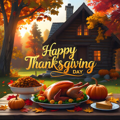 Happy thanksgiving day greeting card with realistic background design