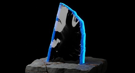 A sharp, black obsidian shard with a vibrant electric blue edge stands on a cracked stone base against a dark background, evoking a sense of mystery and power.