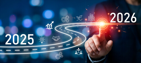 Business roadmap to 2026 success concept. A strategic business journey. Finger points at the 2026 target, surrounded by icons representing innovation, sustainability, teamwork and goal achievement.