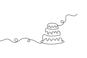 One line drawing of a birthday cake with candles in minimalist style isolated on white background