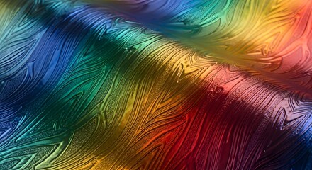 Iridescent rainbow spectrum fabric texture with swirling embossed feather like patterns creates a vibrant modern background surface.