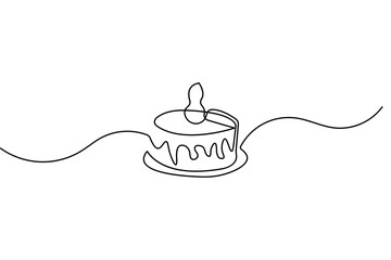 One line drawing of a birthday cake with candles in minimalist style isolated on white background
