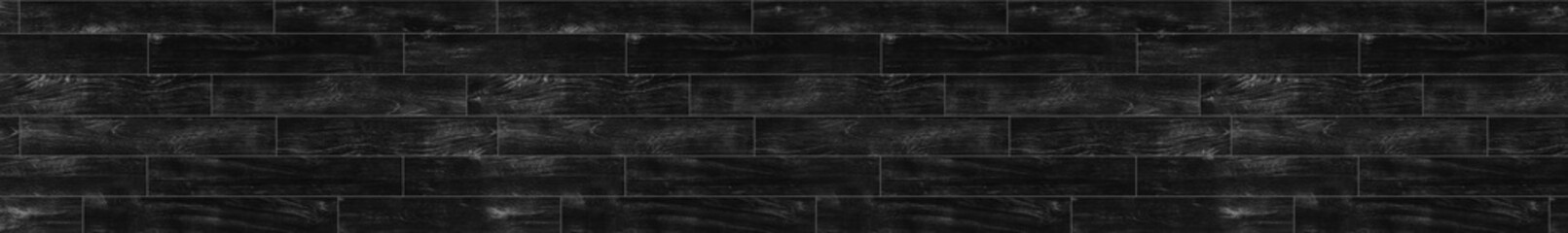 Dark black wood texture panorama with horizontal wooden planks and rustic surface details