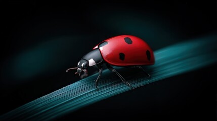 A close-up of a vibrant red ladybug perched on a leaf, set against a dark backdrop, highlighting its intricate details, Ideal for nature articles, eco-friendly products, or educational materials,