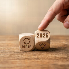 2025 Recap economy, business, financial concept. Business planning in 2026. RECAP text on wooden blocks and hand flipping of 2025 to strategic planning and idea icon on wooden blocks.