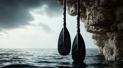 Two black paddles hang from a cliff overlooking serene water under a dramatic sky, This image captures tranquility and adventure, suitable for travel, water sports, or outdoor activity promotions,