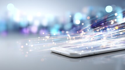 Smartphone with Light Trails Representing Fast Data Transfer and Digital Connectivity in Contemporary Urban Environment