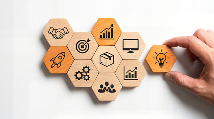 Future skills, personal development concept. Key future skills represented on wooden hexagonal blocks, including adaptability, critical thinking, and emotional and social intelligence.