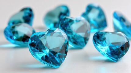 A collection of sparkling blue heart-shaped gems scattered on a glossy surface creates a visually striking image, This photo can be used for marketing, romance-themed products, or event decorations,