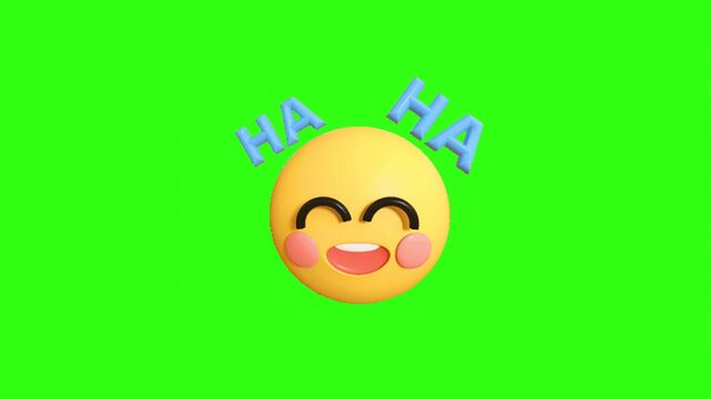 3D laughing emoji with haha text bright green background joyful cartoon expression