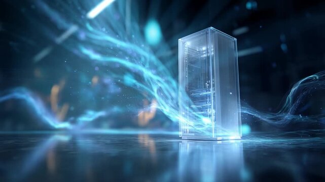 Technological Innovation: A data center pulses with energy, its core illuminated by streams of vibrant light, symbolizing the cutting edge of digital advancement.