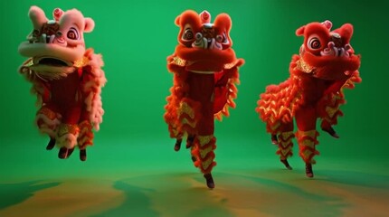 Vibrant red and pink traditional lion dance figures bring festive energy to a dynamic performance, symbolizing good fortune and prosperity for celebrations