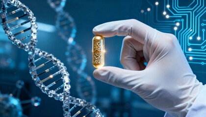 Hand holding a golden capsule with intricate patterns, surrounded by DNA strands and digital circuitry, symbolizing innovation in biotechnology and health advancements