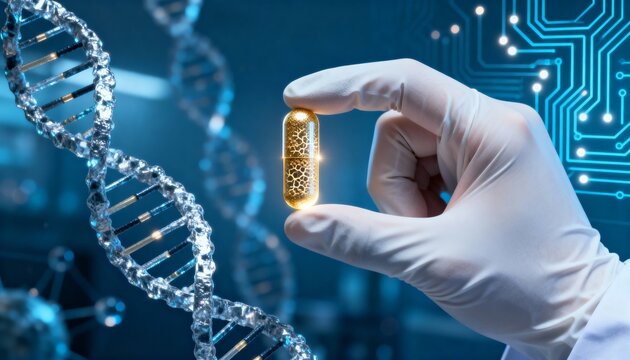 Hand holding a golden capsule with intricate patterns, surrounded by DNA strands and digital circuitry, symbolizing innovation in biotechnology and health advancements - Powered by Adobe